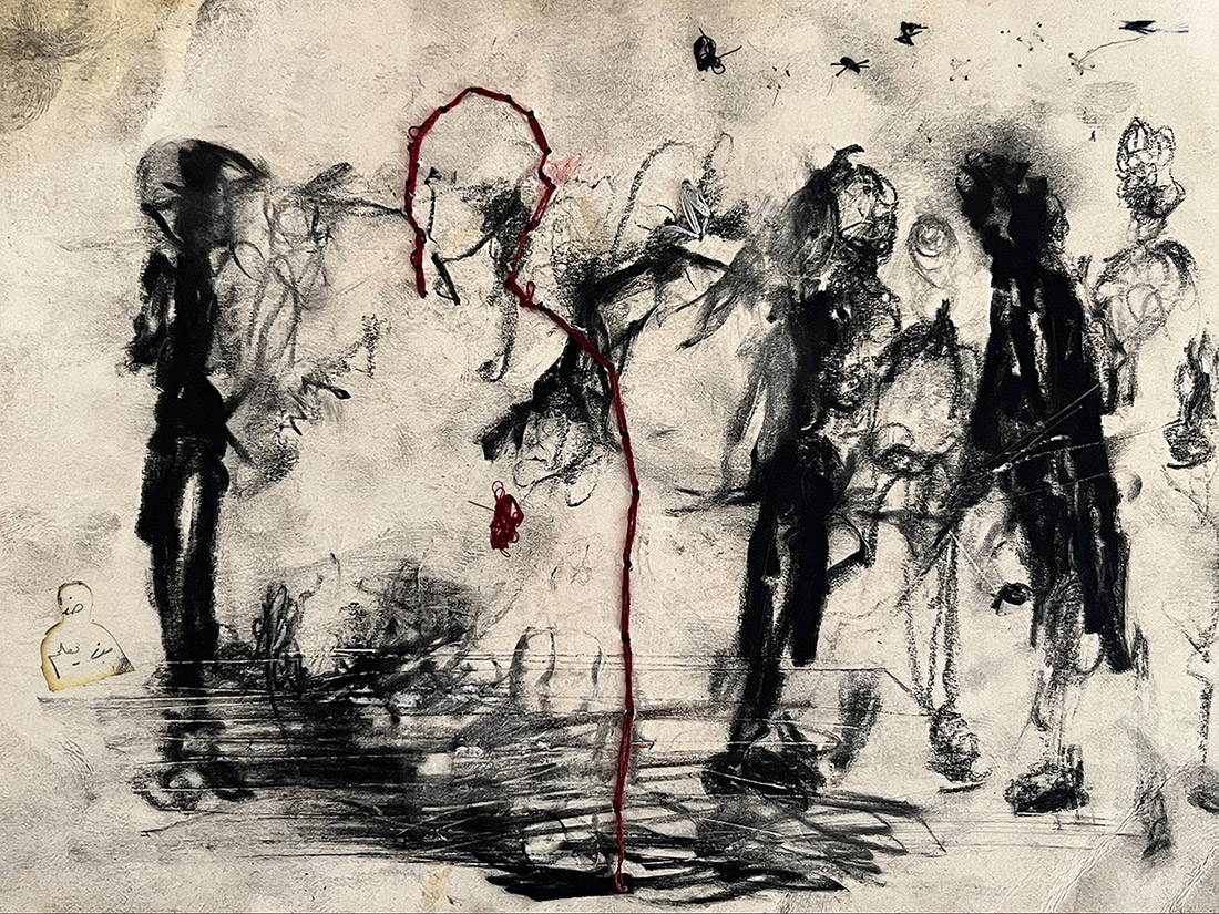 Nour Debian | Untitled | Charcoal, red thread embroidery, and ink on A4 paper, 2024